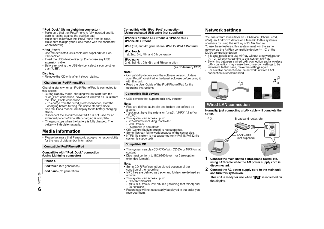 Panasonic SC-PMX9 owner manual Media information, Network settings, Wired LAN connection 