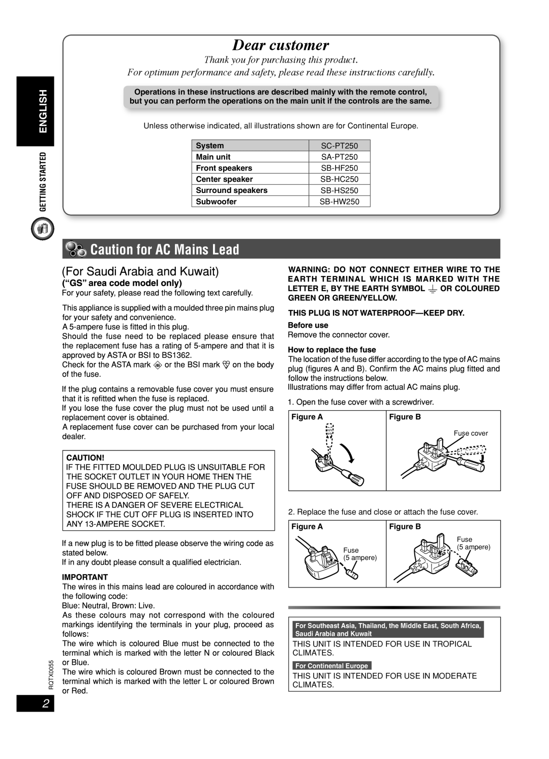 Panasonic SC-PT 250 Caution for AC Mains Lead, Thank you for purchasing this product, Getting Started English, System 