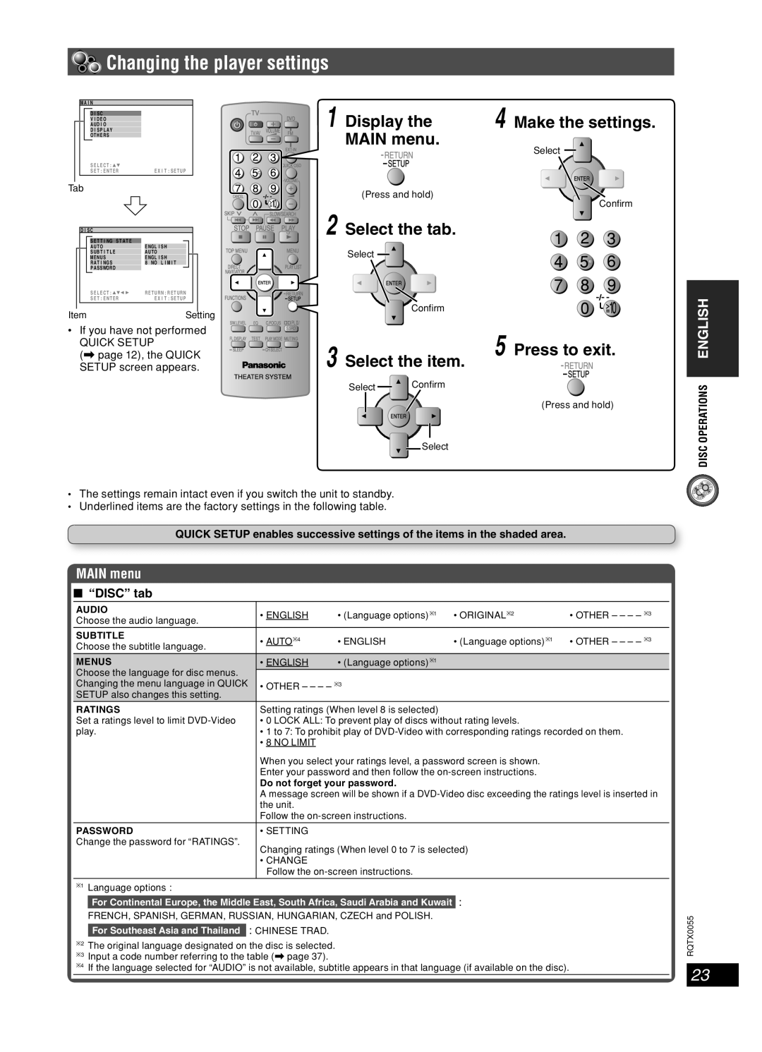 Panasonic SC-PT 250 Changing the player settings, Display the MAIN menu, Select the tab, Select the item, Press to exit 