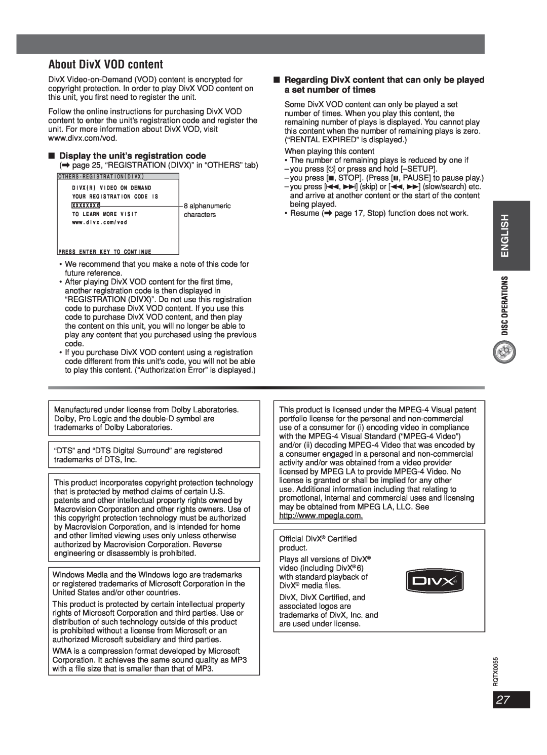 Panasonic SC-PT 250 manual About DivX VOD content, Display the unit’s registration code, Disc Operations English 