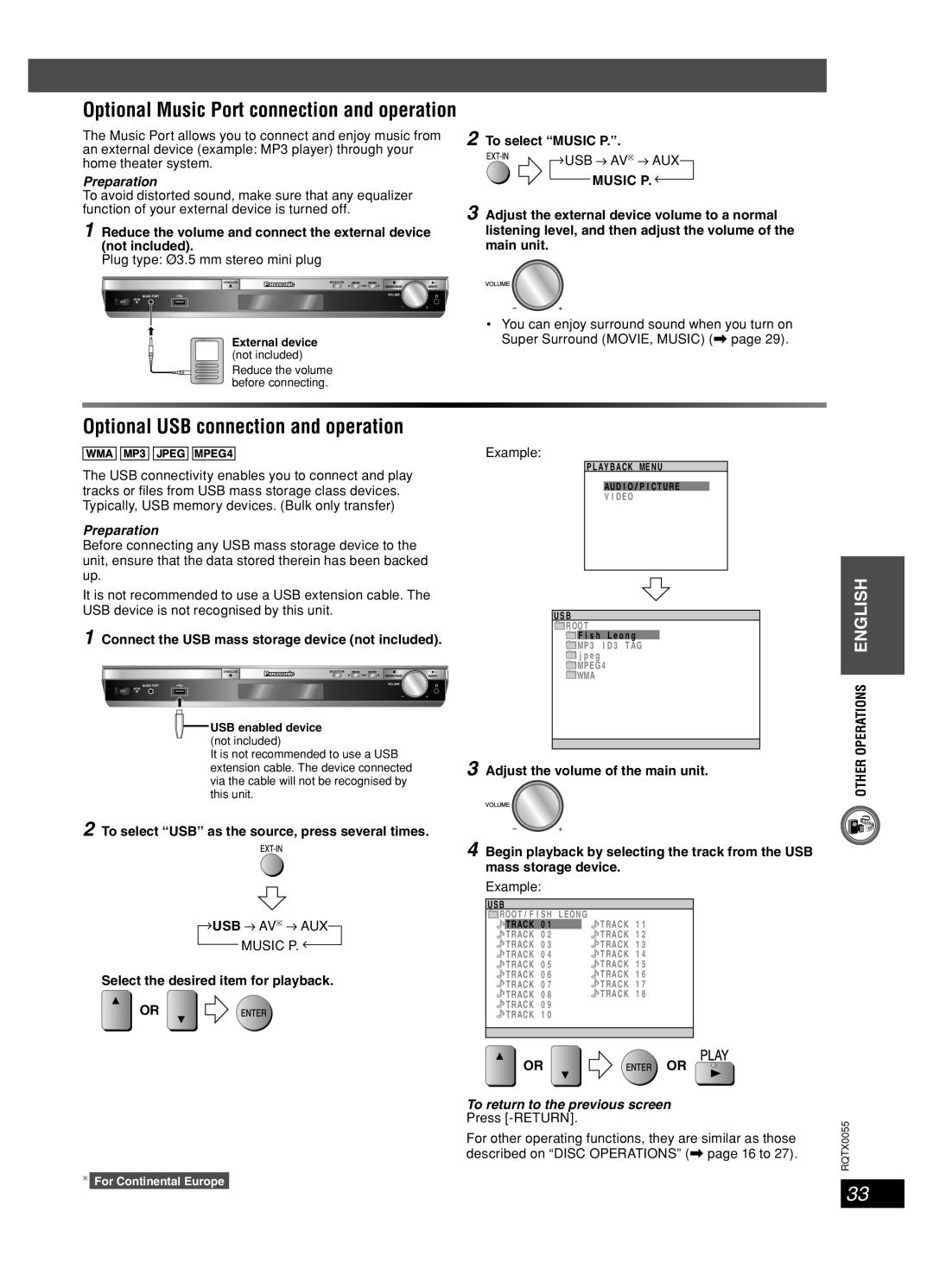 Panasonic SC-PT 250 manual Optional USB connection and operation, Preparation, To select “MUSIC P.”, Music P, Or Or 