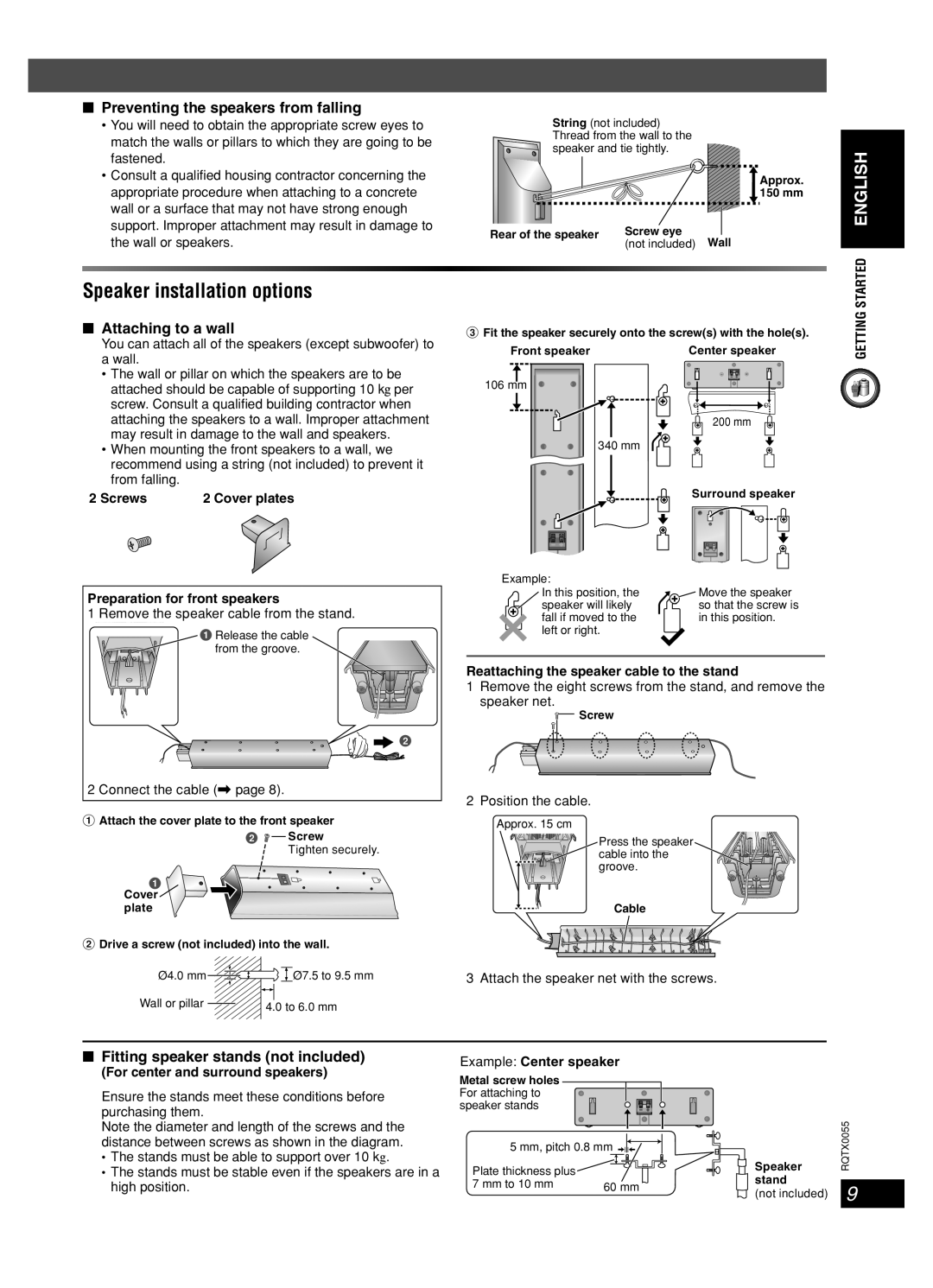 Panasonic SC-PT 250 manual Speaker installation options, English, Preventing the speakers from falling, Attaching to a wall 