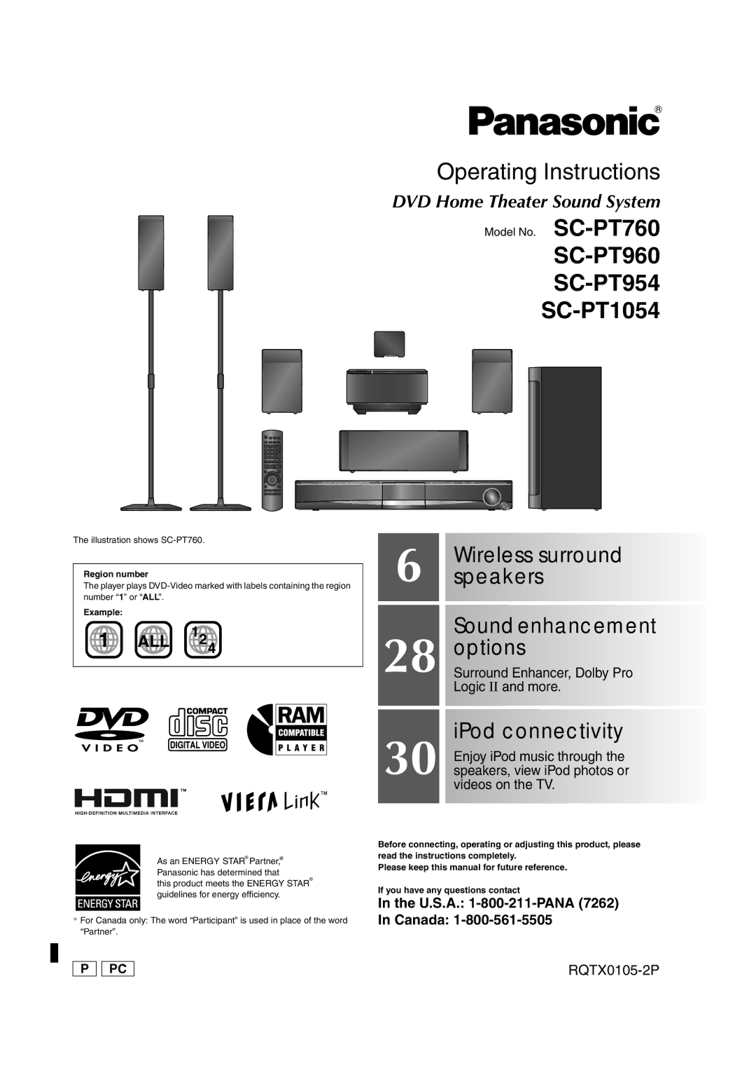 Panasonic SC-PT1054, SC-PT960, SC-PT954 manual Illustration shows SC-PT760, Region number, Example 