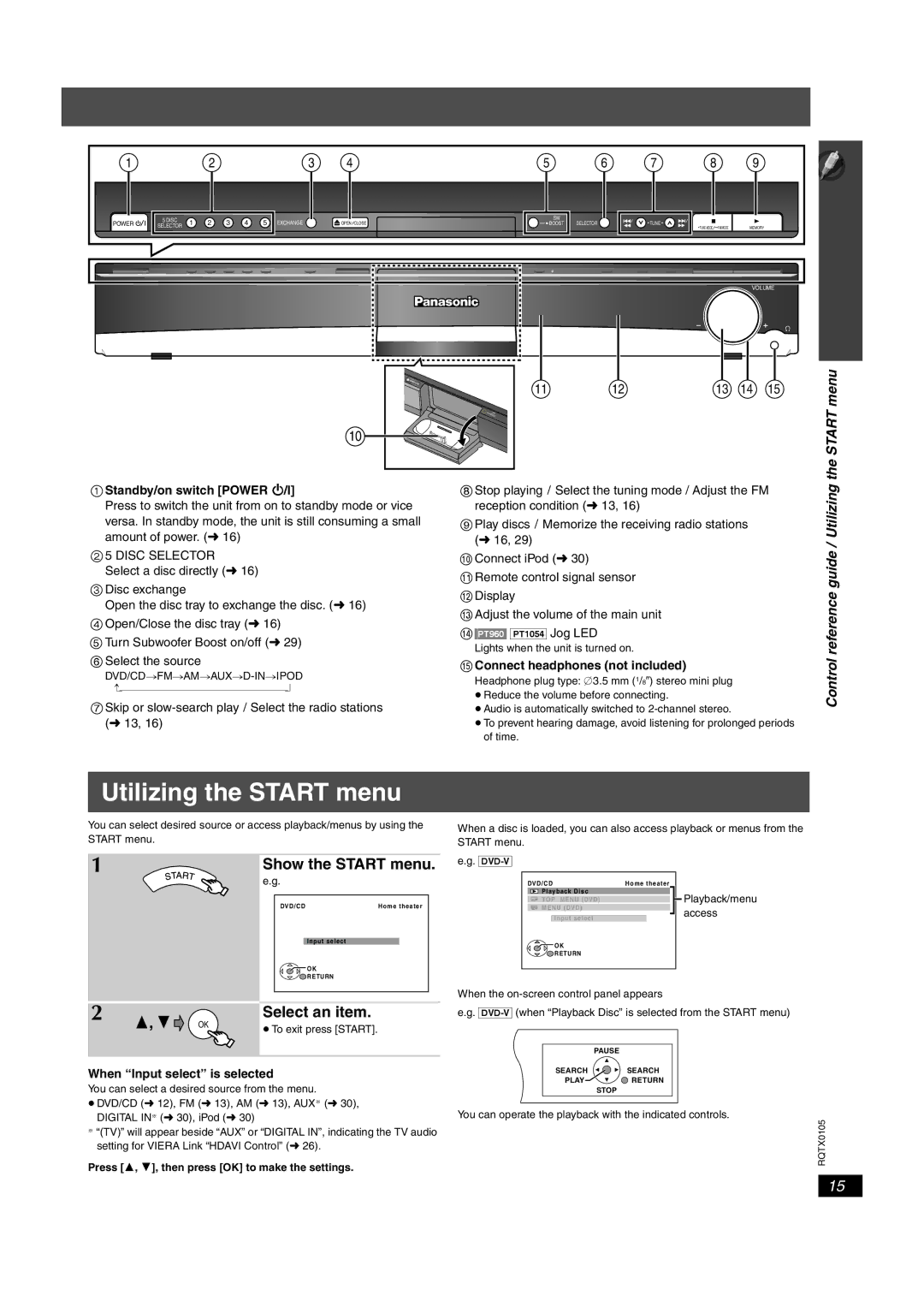 Panasonic SC-PT954, SC-PT1054 Select an item, Control reference guide / Utilizing the Start menu, Show the Start menu 