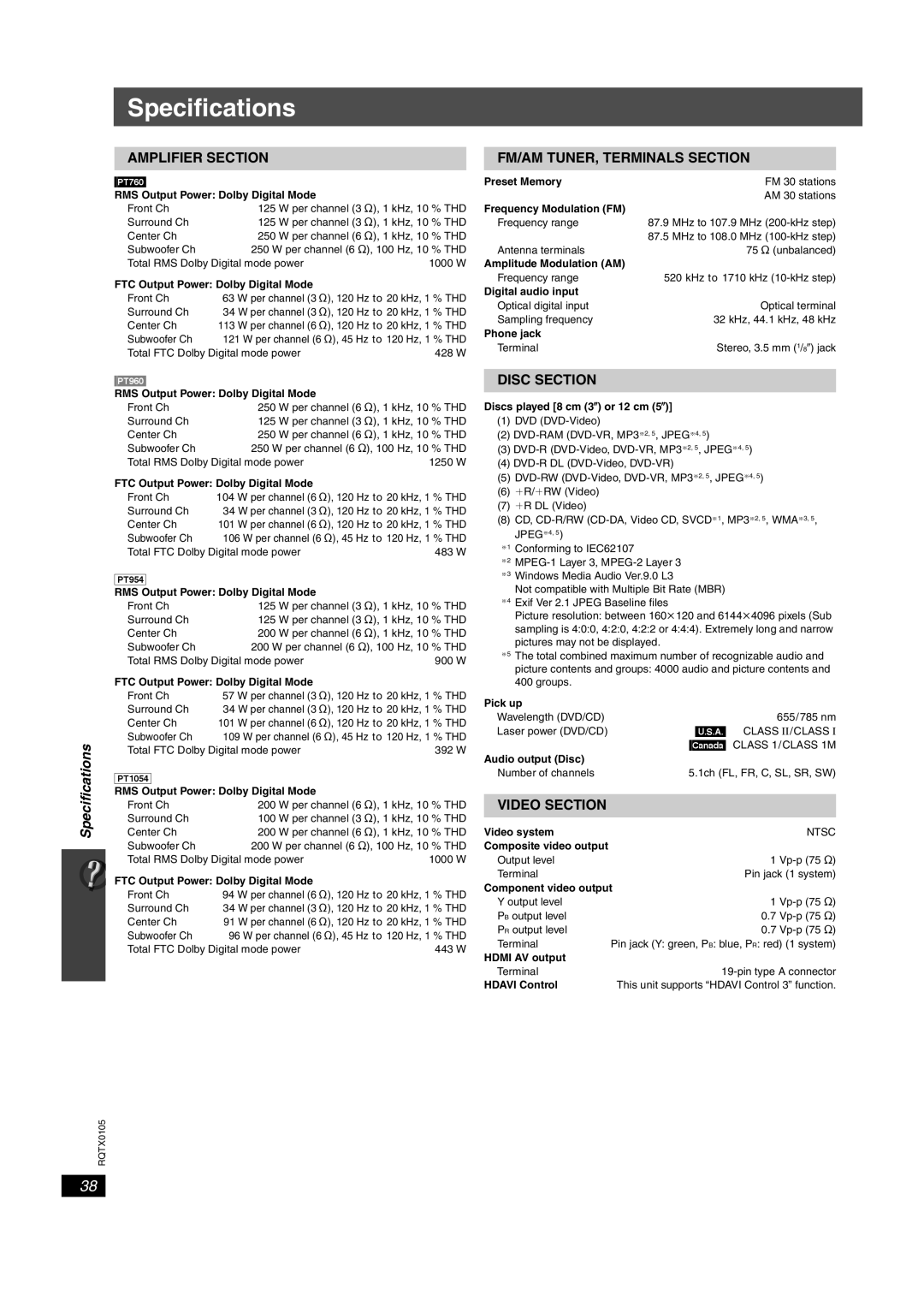 Panasonic SC-PT960, SC-PT1054, SC-PT760, SC-PT954 manual Specifications 