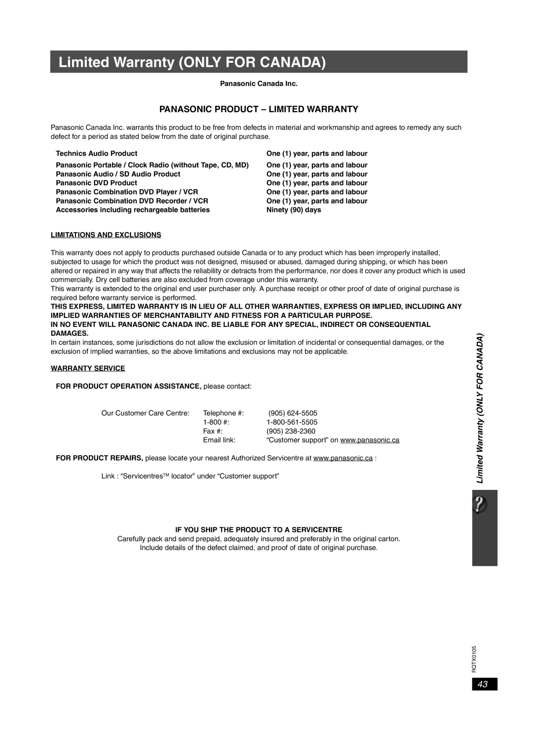 Panasonic SC-PT954, SC-PT1054, SC-PT760 manual Limited Warranty only for Canada, Limitations and Exclusions, Warranty Service 