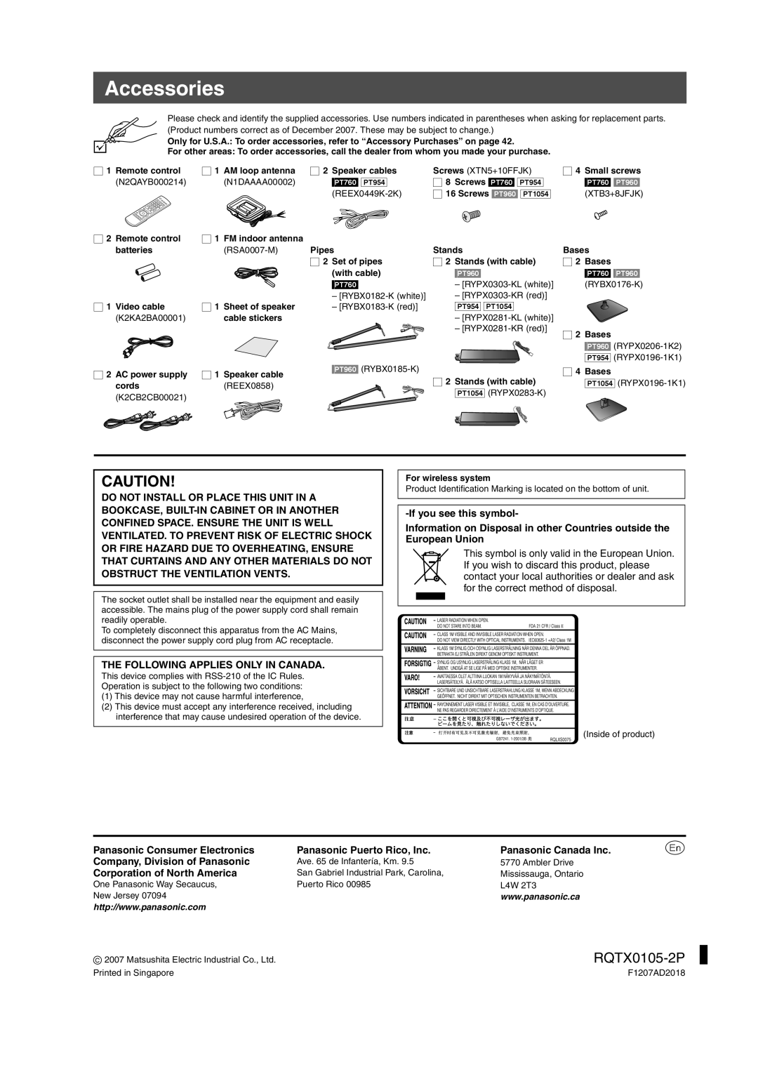 Panasonic SC-PT1054, SC-PT760, SC-PT960 manual Accessories, Following Applies only in Canada, Corporation of North America 