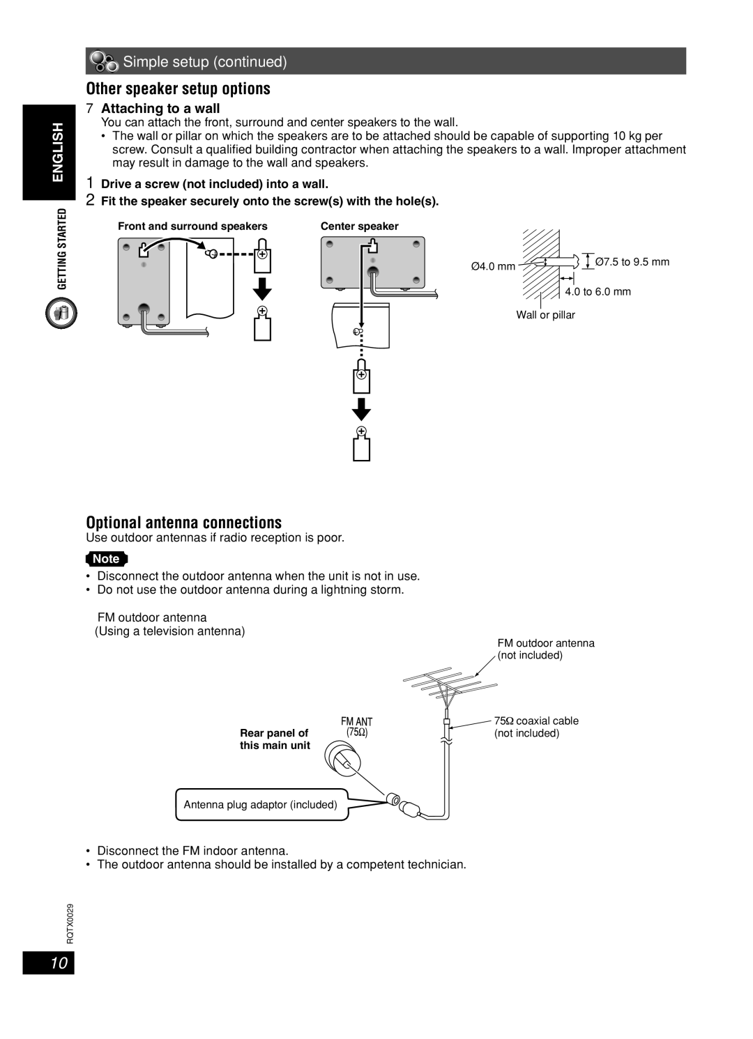 Panasonic sc-pt150 manual Other speaker setup options, Optional antenna connections, Attaching to a wall 