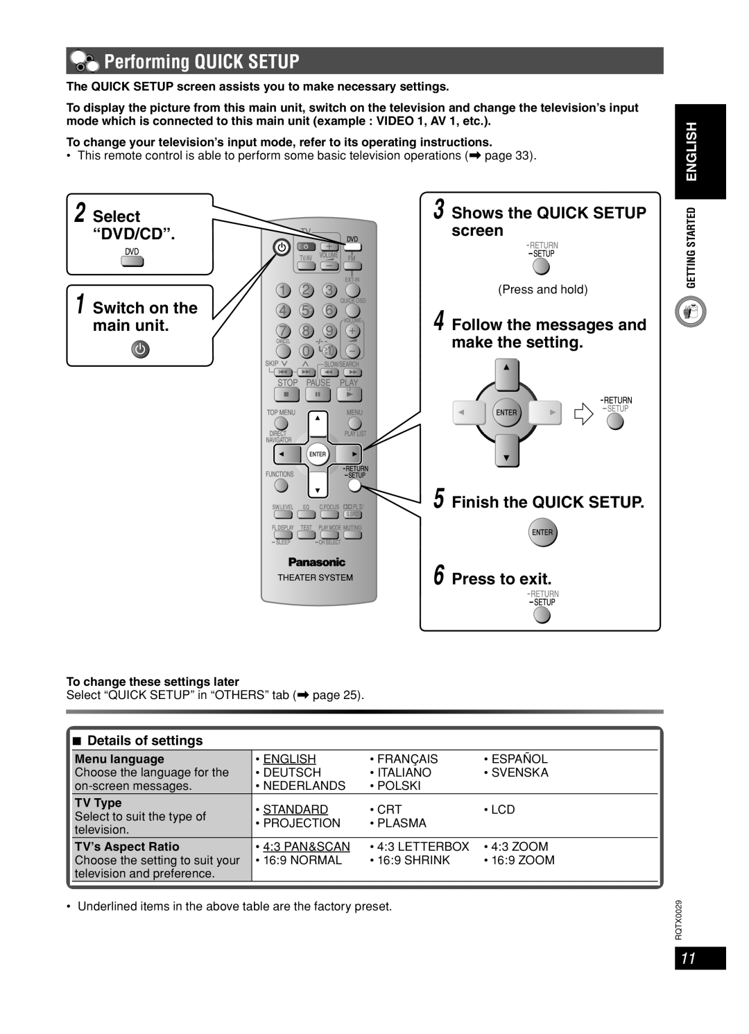 Panasonic sc-pt150 Performing Quick Setup, Follow the messages and make the setting, Finish the Quick Setup Press to exit 