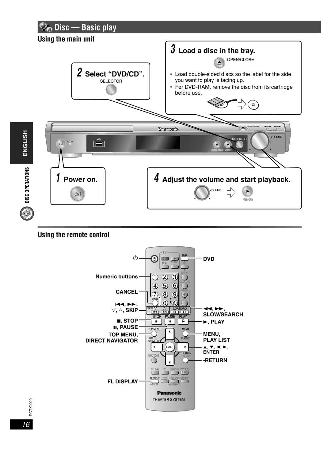 Panasonic sc-pt150 manual Disc Basic play, Using the main unit Load a disc in the tray 