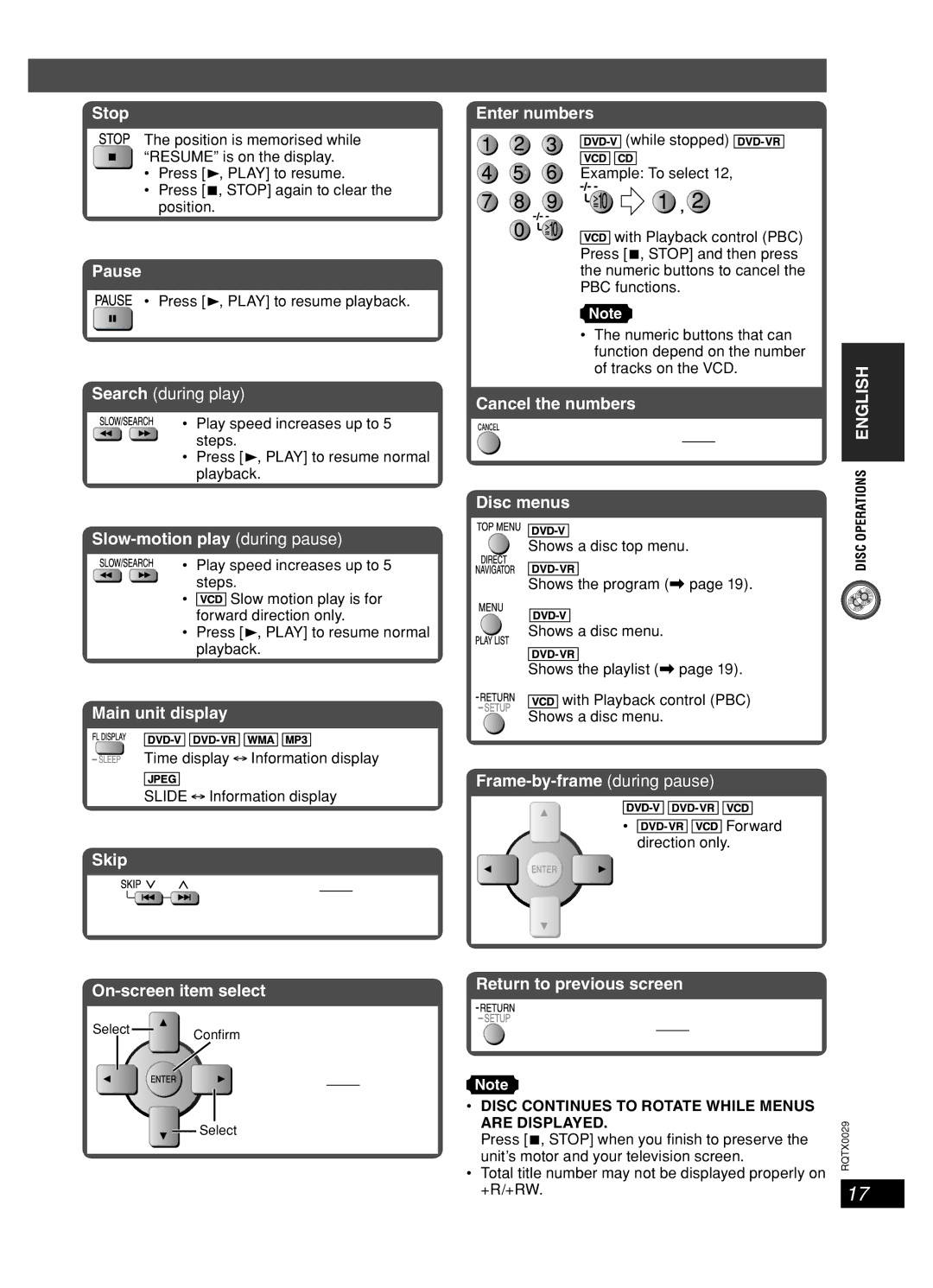 Panasonic sc-pt150 manual Stop, Disc Continues to Rotate While Menus are Displayed 