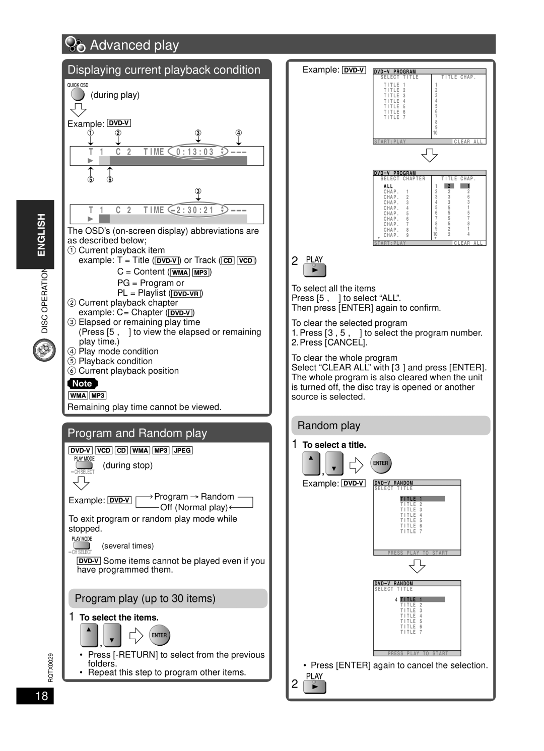 Panasonic sc-pt150 manual Advanced play, Displaying current playback condition, Program and Random play 