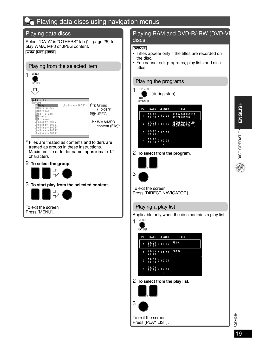 Panasonic sc-pt150 manual Playing data discs using navigation menus, Playing RAM and DVD-R/-RW DVD-VR discs 