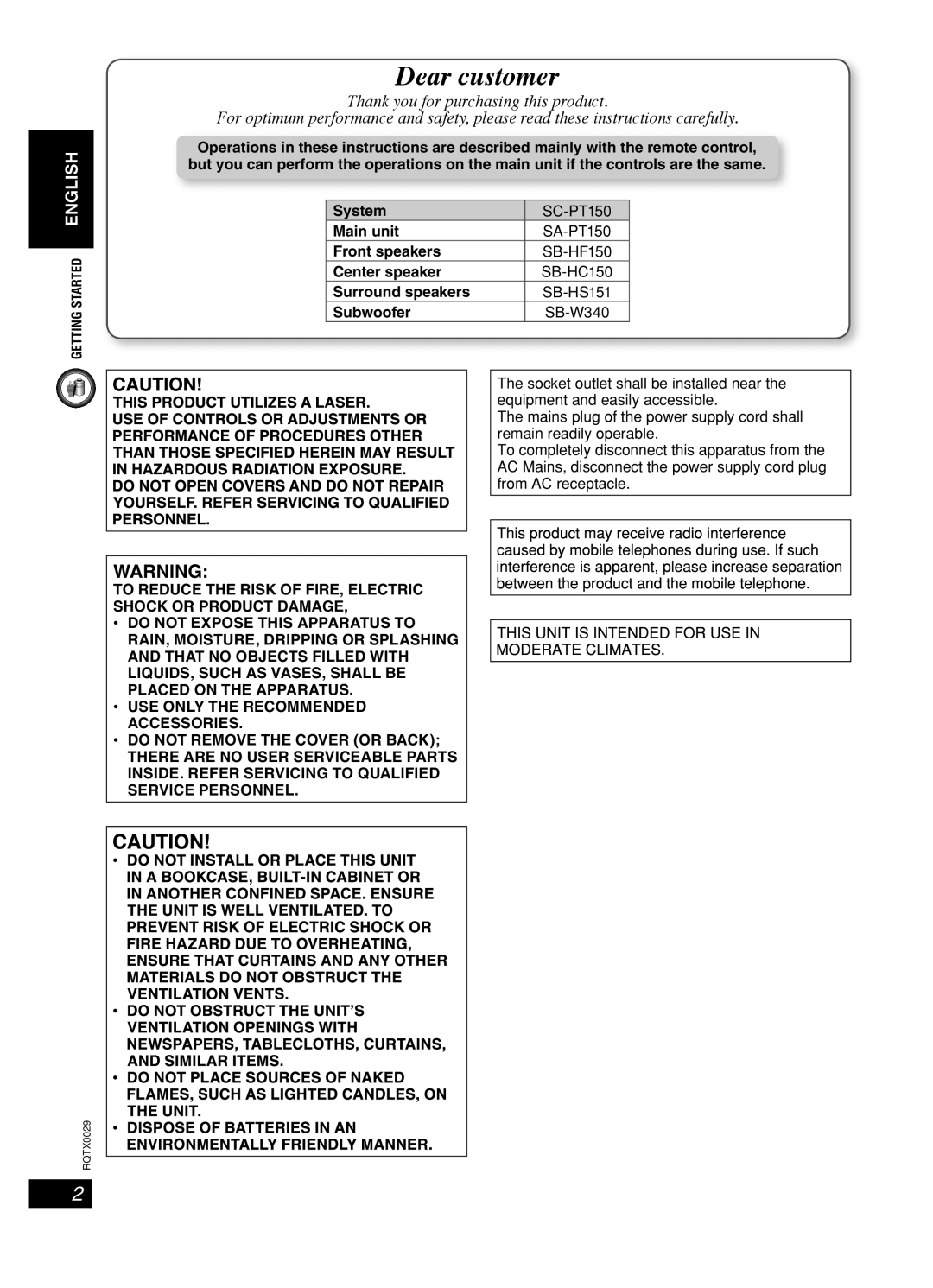 Panasonic sc-pt150 manual Main unit, Front speakers, Center speaker, Surround speakers, Subwoofer 