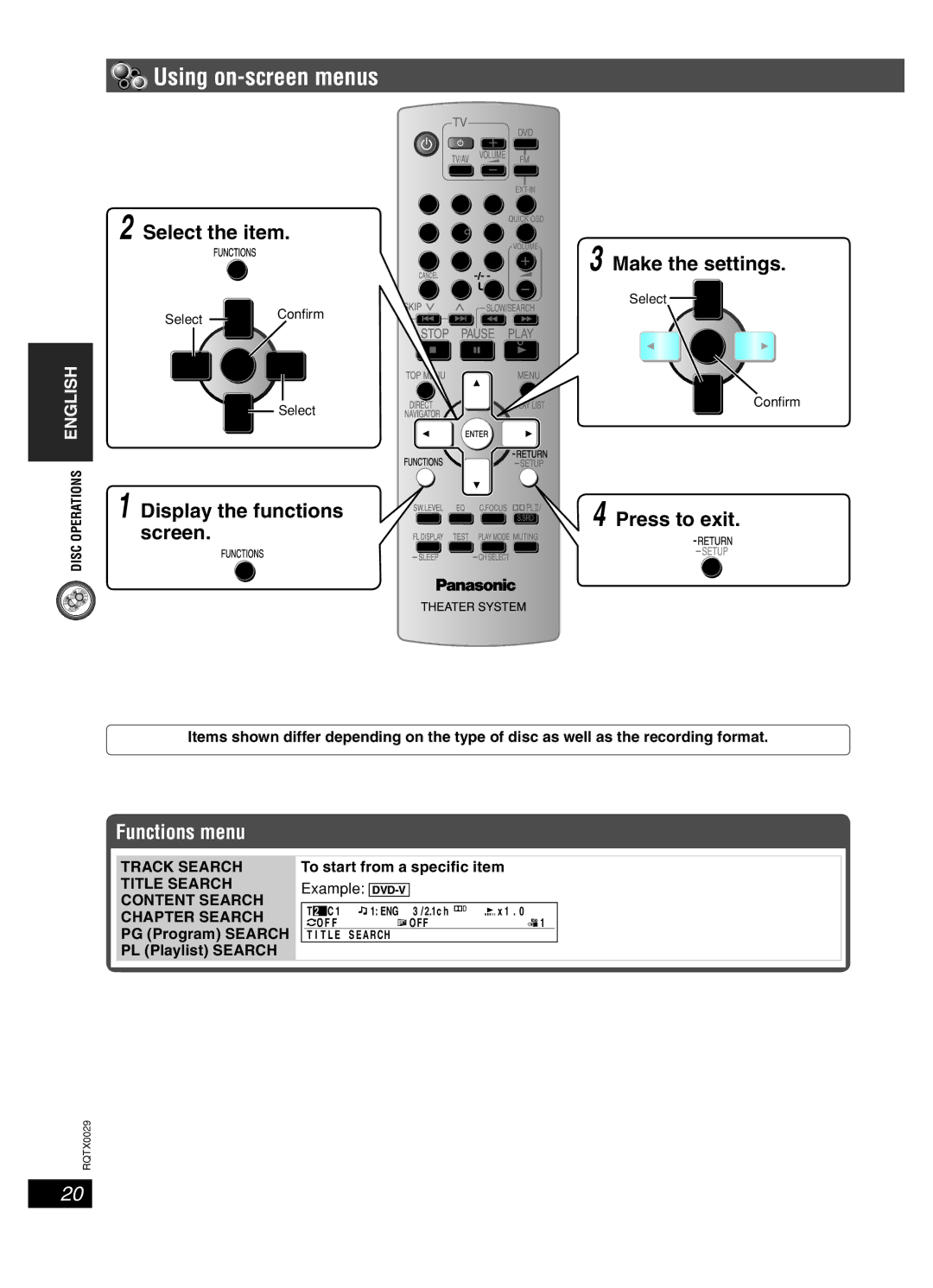 Panasonic sc-pt150 Using on-screen menus, Select the item, Screen Display the functions, Make the settings, Functions menu 