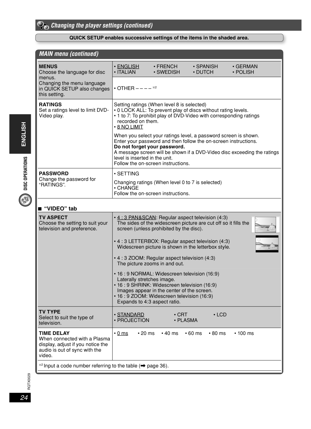 Panasonic sc-pt150 manual Video tab 