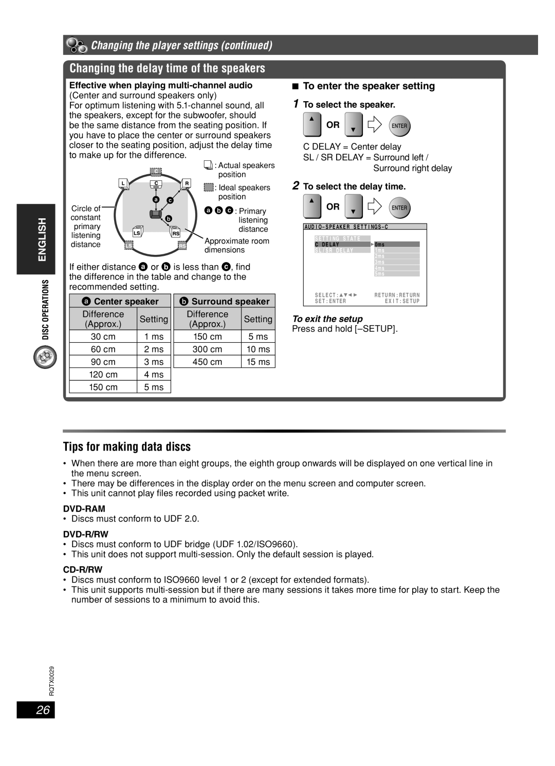 Panasonic sc-pt150 manual Tips for making data discs, To enter the speaker setting, Cd-R/Rw 