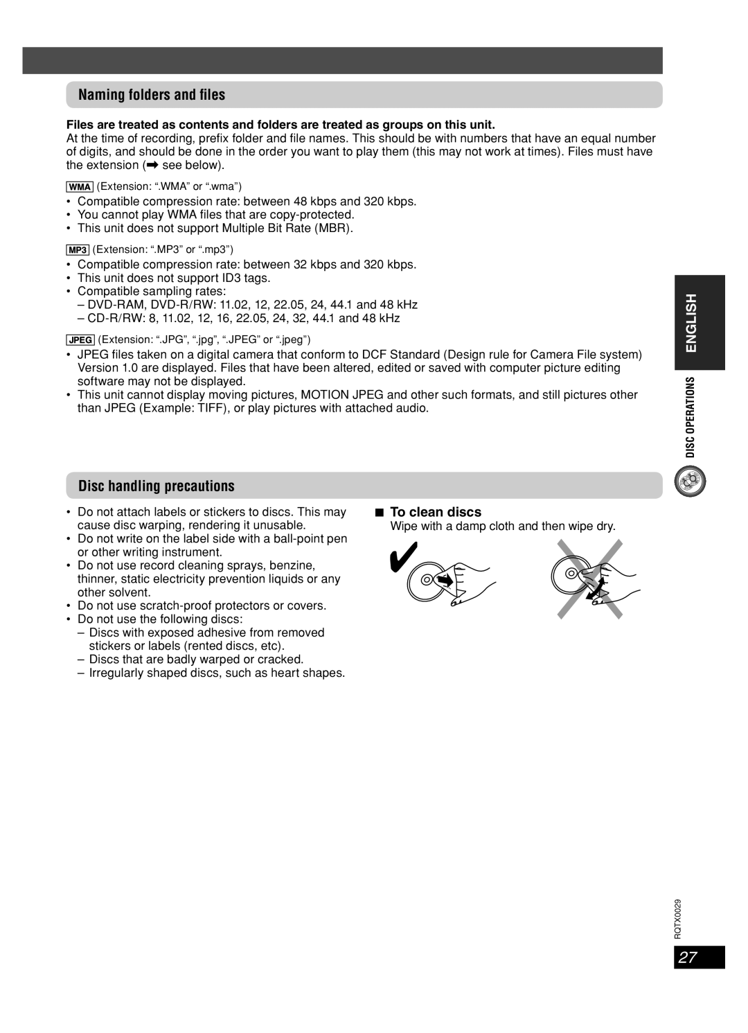 Panasonic sc-pt150 manual Naming folders and ﬁles, Disc handling precautions, To clean discs 