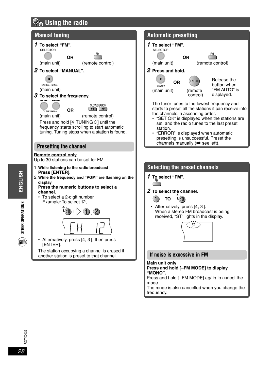 Panasonic sc-pt150 manual Using the radio, Manual tuning, Automatic presetting, Selecting the preset channels 