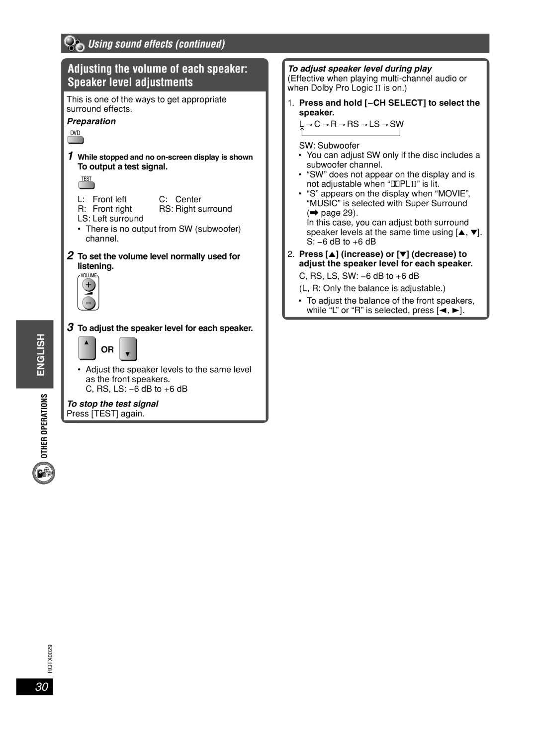 Panasonic sc-pt150 manual To output a test signal, Press and hold -CH Select to select the speaker 