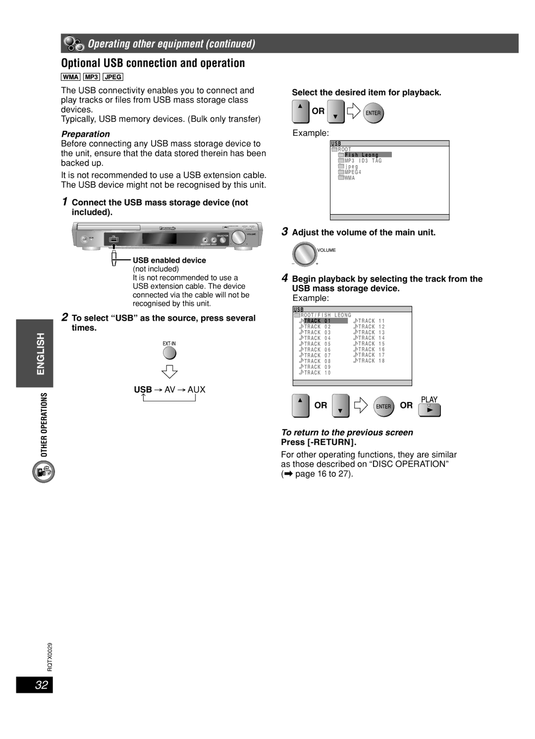 Panasonic sc-pt150 manual Optional USB connection and operation 