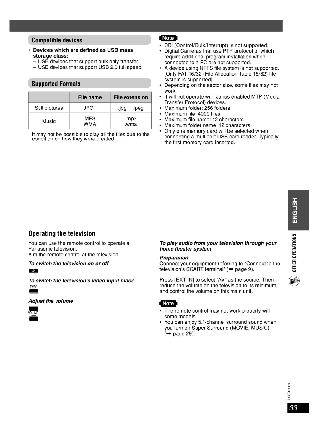 Panasonic sc-pt150 manual Operating the television, Compatible devices, Supported Formats, File name File extension 