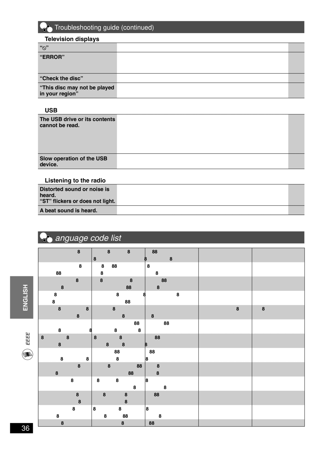 Panasonic sc-pt150 manual Language code list, Television displays, Listening to the radio 