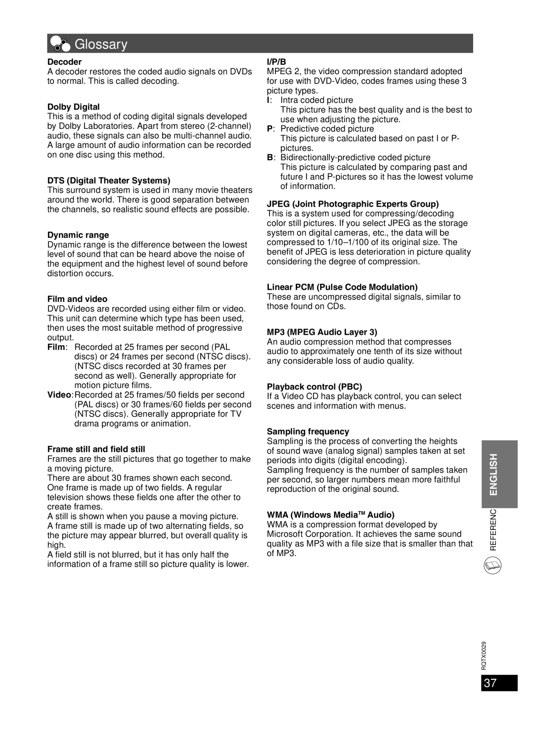 Panasonic sc-pt150 manual Glossary 