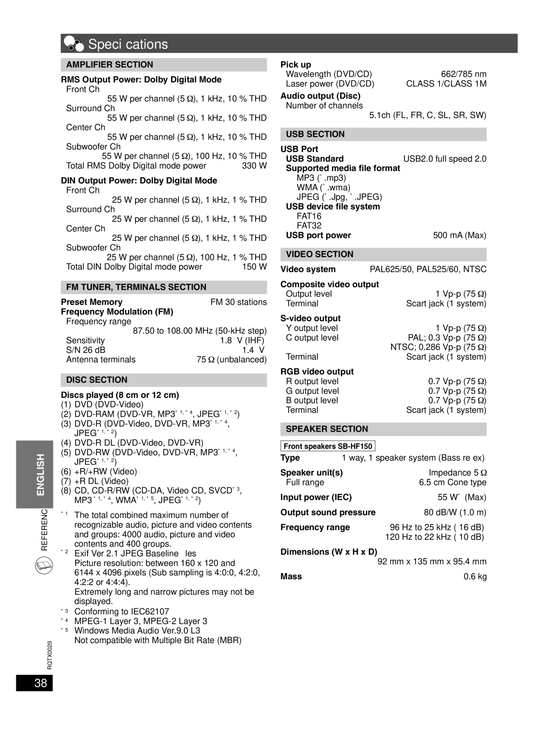 Panasonic sc-pt150 manual Speciﬁcations 