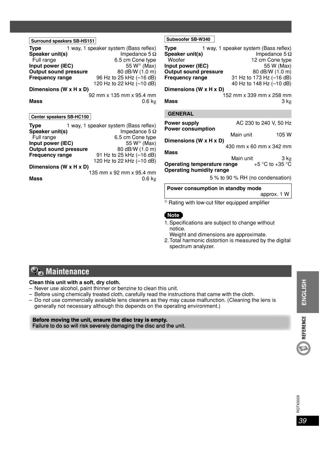 Panasonic sc-pt150 manual Maintenance, General 