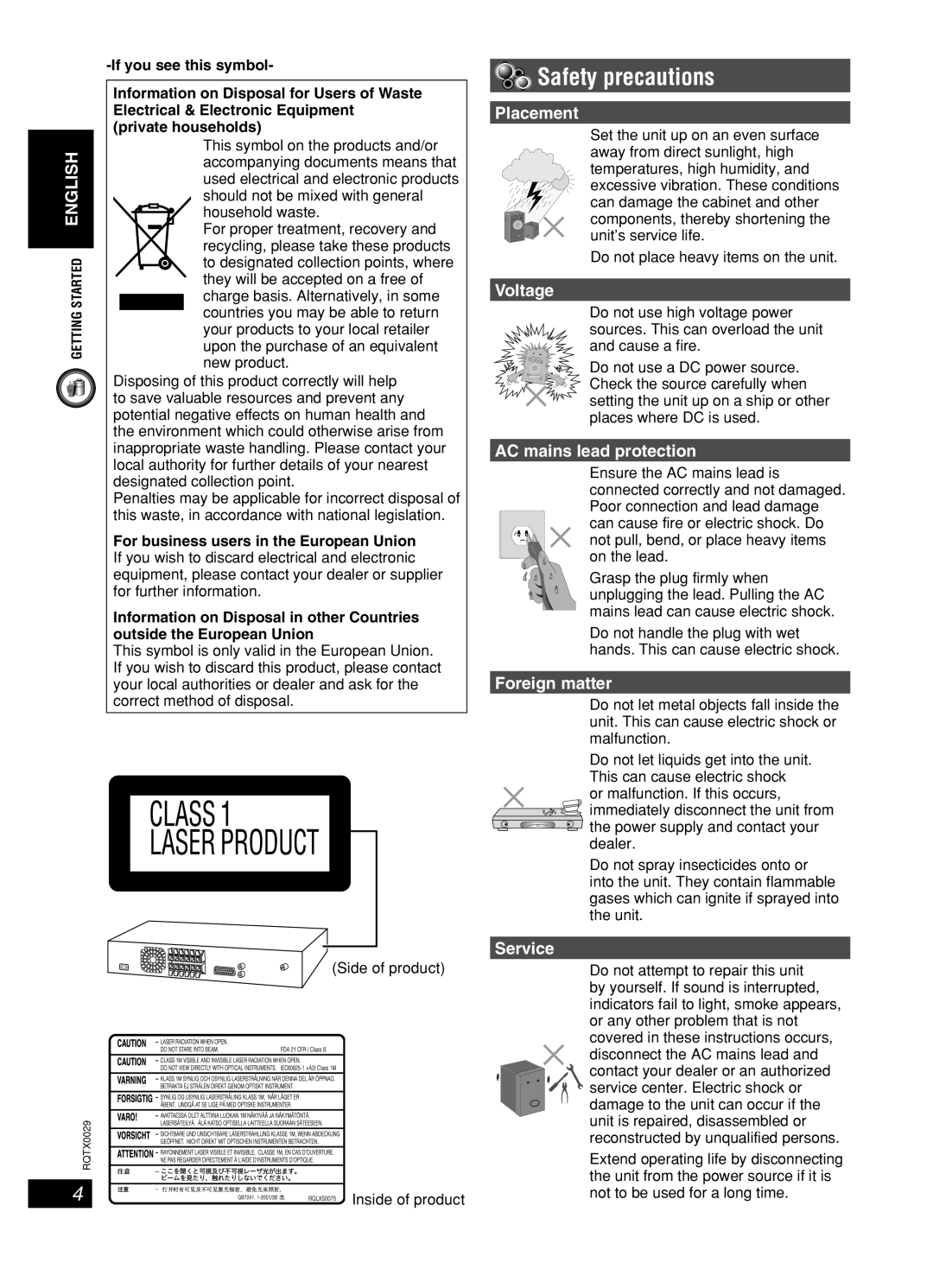 Panasonic sc-pt150 manual Safety precautions, Placement 