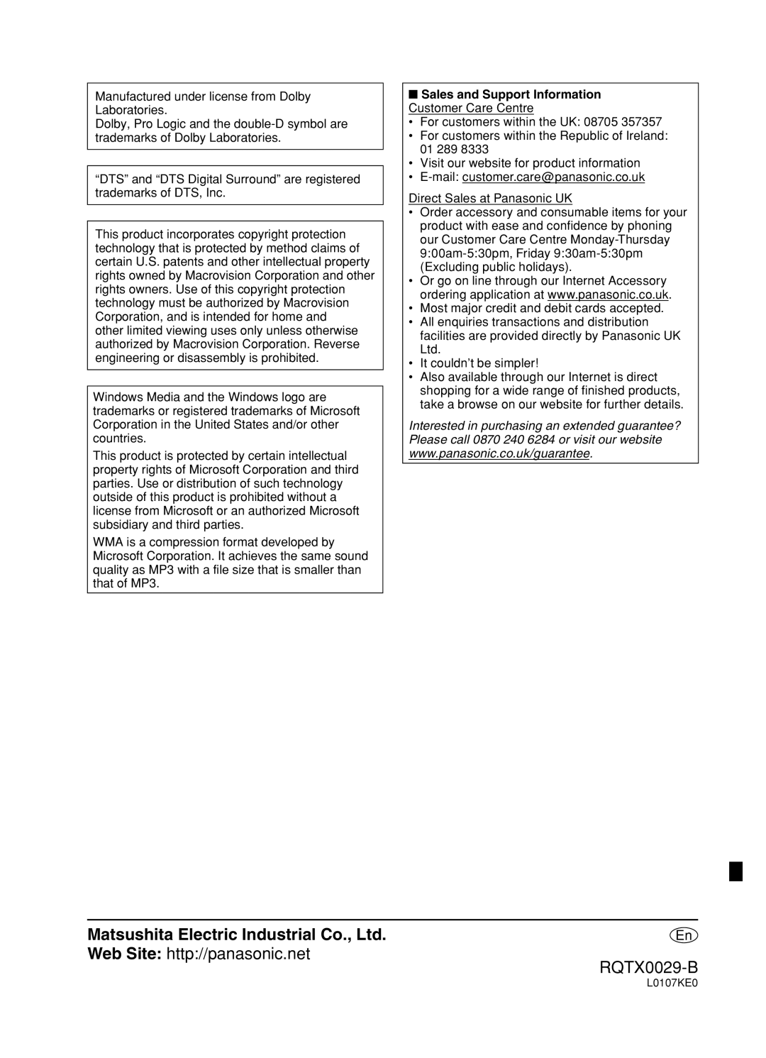 Panasonic sc-pt150 manual Sales and Support Information Customer Care Centre 