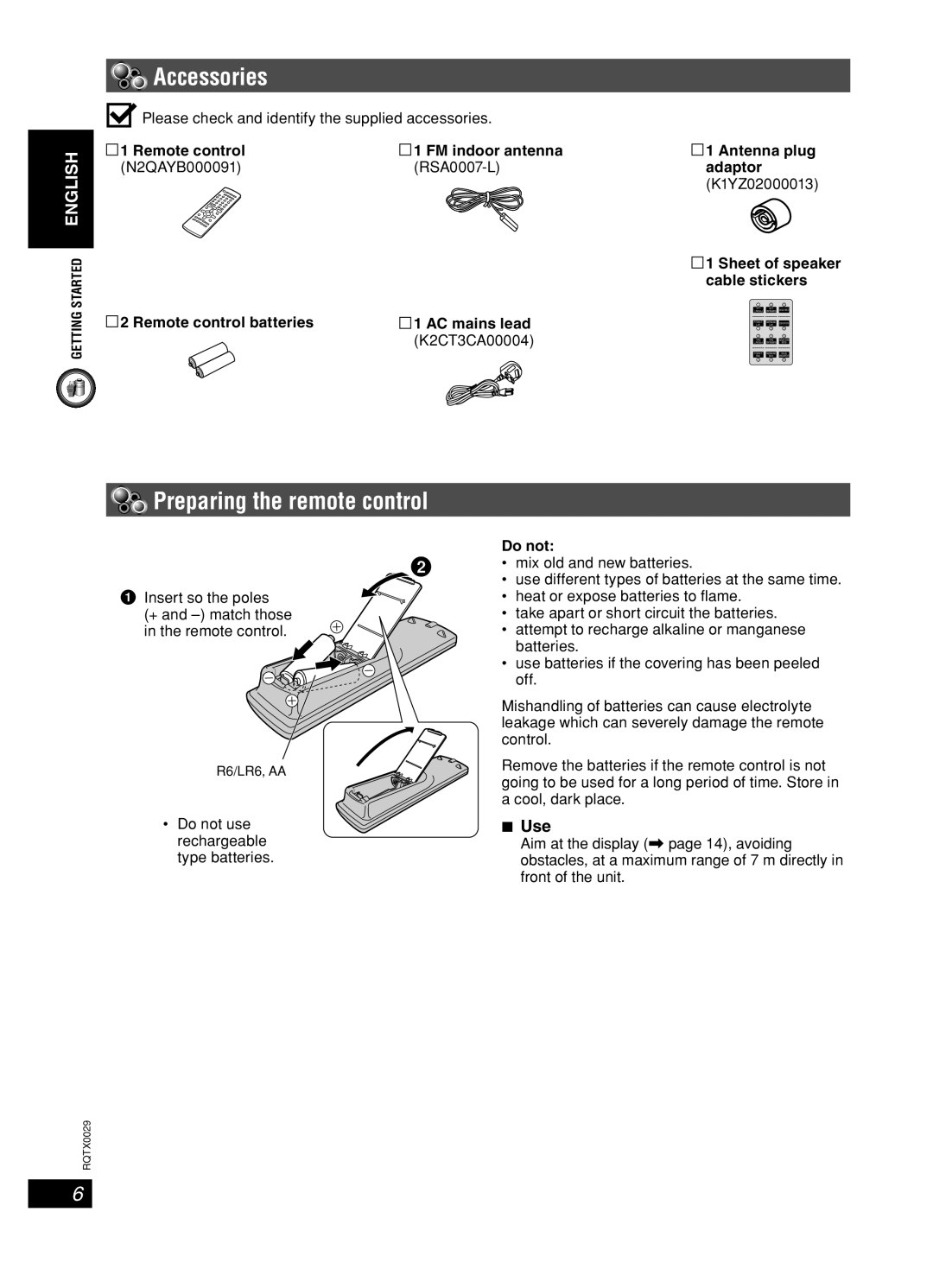 Panasonic sc-pt150 manual Accessories, Preparing the remote control, Use, Do not 