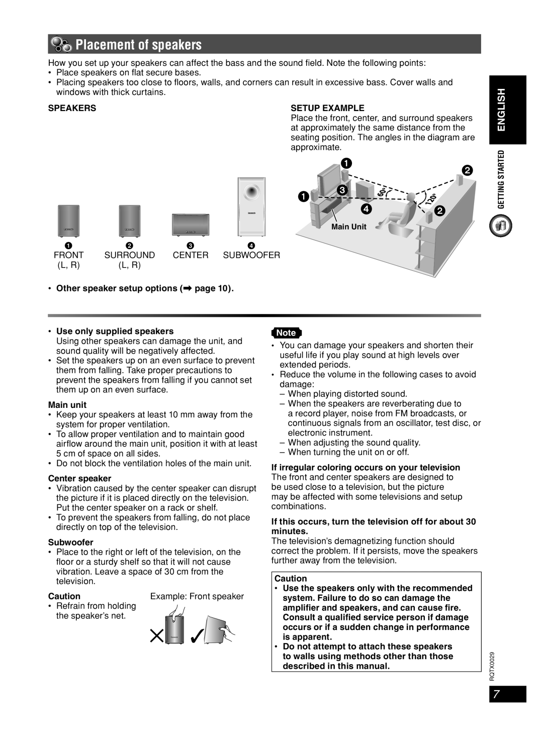 Panasonic sc-pt150 manual Placement of speakers, Speakers Setup Example, Front, Subwoofer 