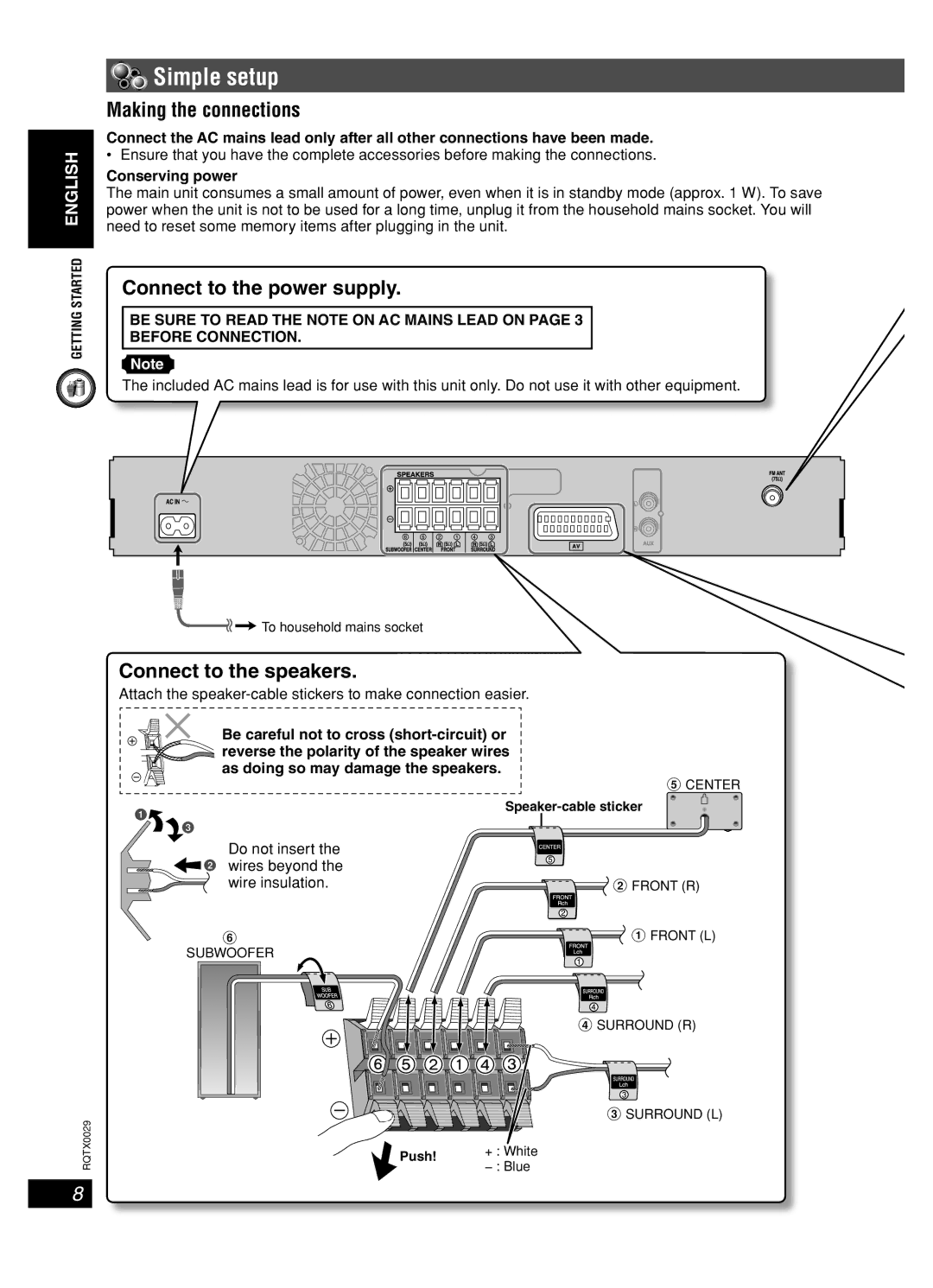 Panasonic sc-pt150 manual Simple setup, Making the connections, Connect to the power supply, Connect to the speakers 