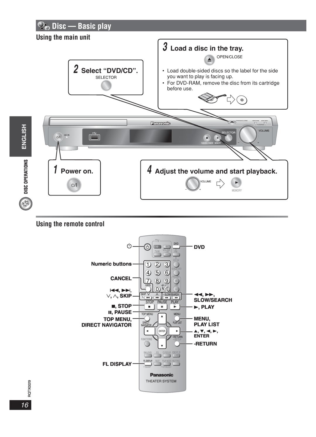 Panasonic sc-pt150 manual Disc - Basic play, Using the main unit 3 Load a disc in the tray, Using the remote control, 4, ¢ 