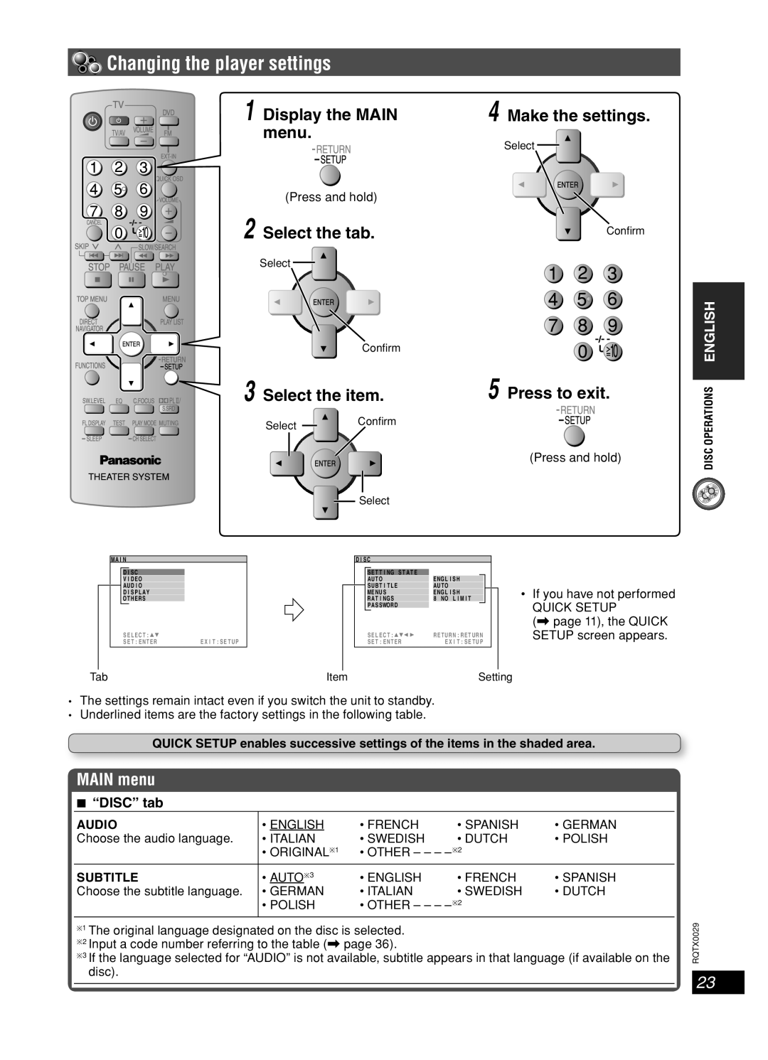 Panasonic sc-pt150 Changing the player settings, Display the MAIN, menu, Select the tab, Select the item, Press to exit 