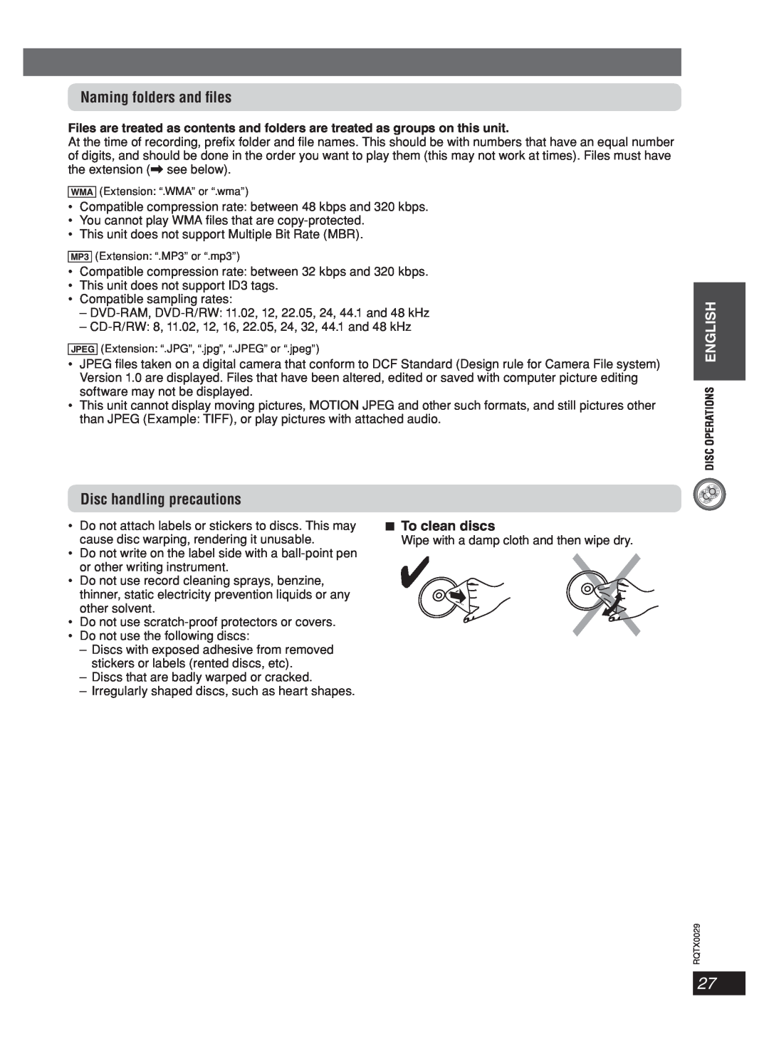 Panasonic sc-pt150 manual Naming folders and ﬁles, Disc handling precautions, 7To clean discs 
