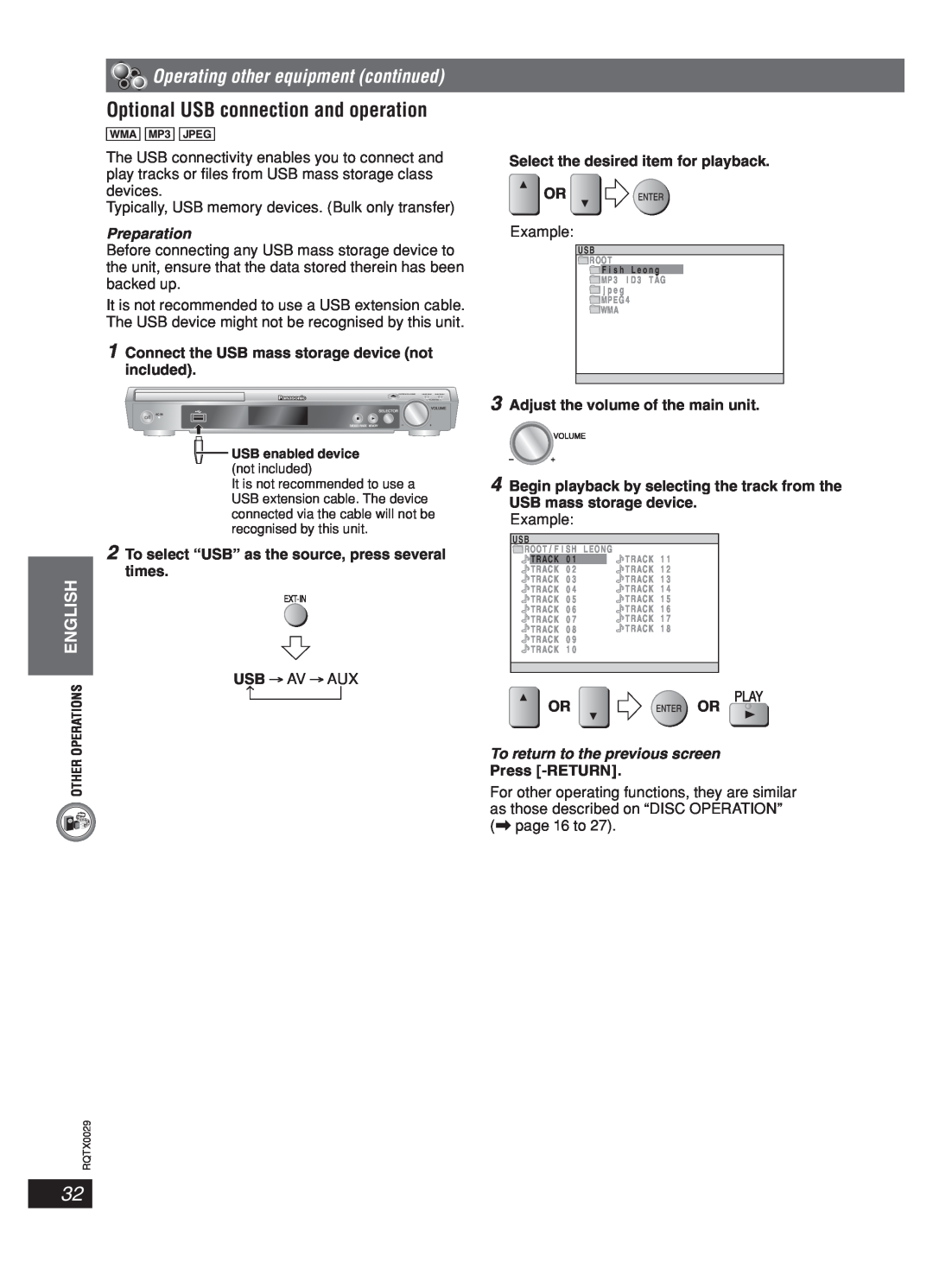 Panasonic sc-pt150 manual Optional USB connection and operation, Operating other equipment continued, Preparation 