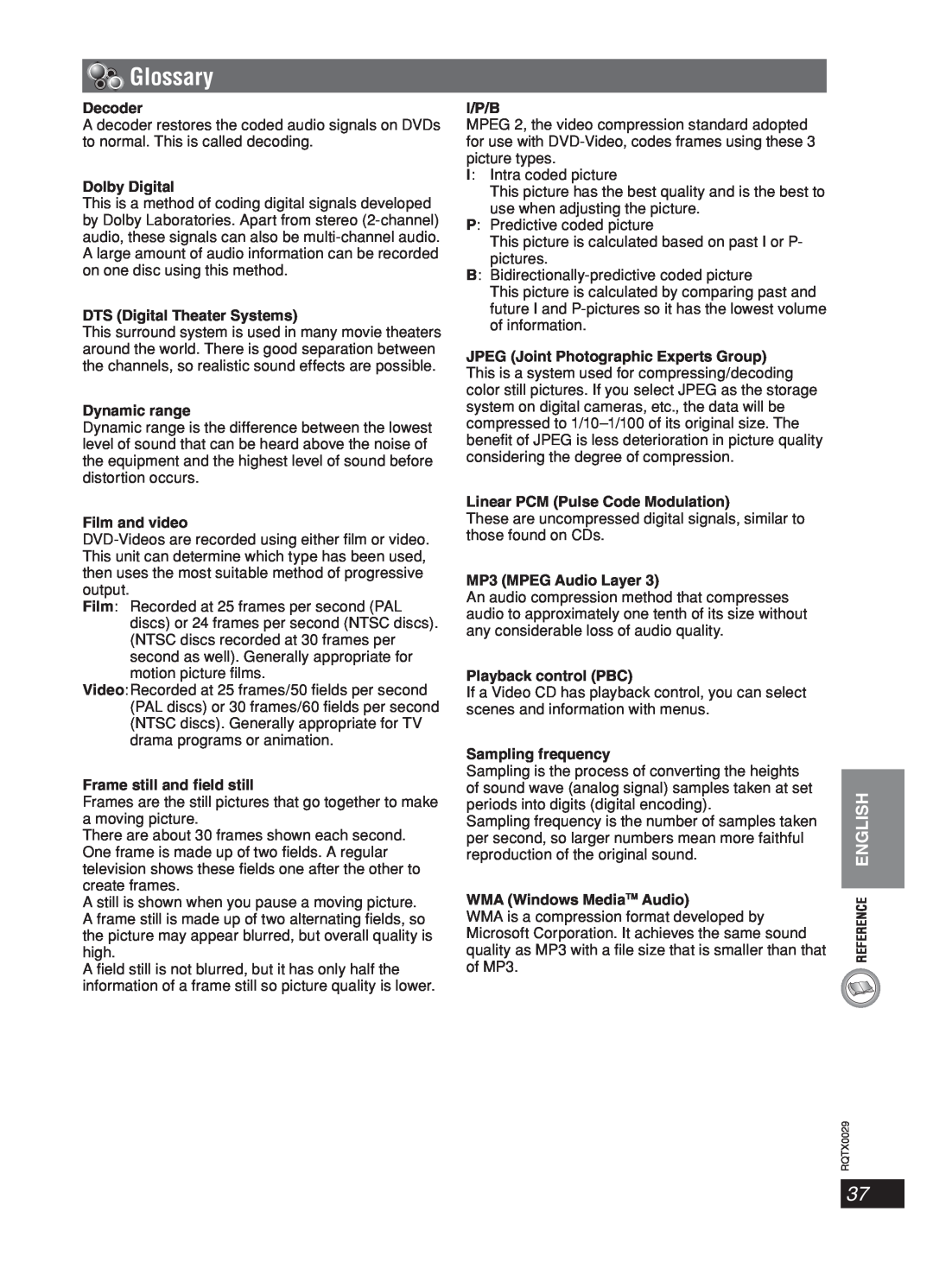 Panasonic sc-pt150 manual Glossary 