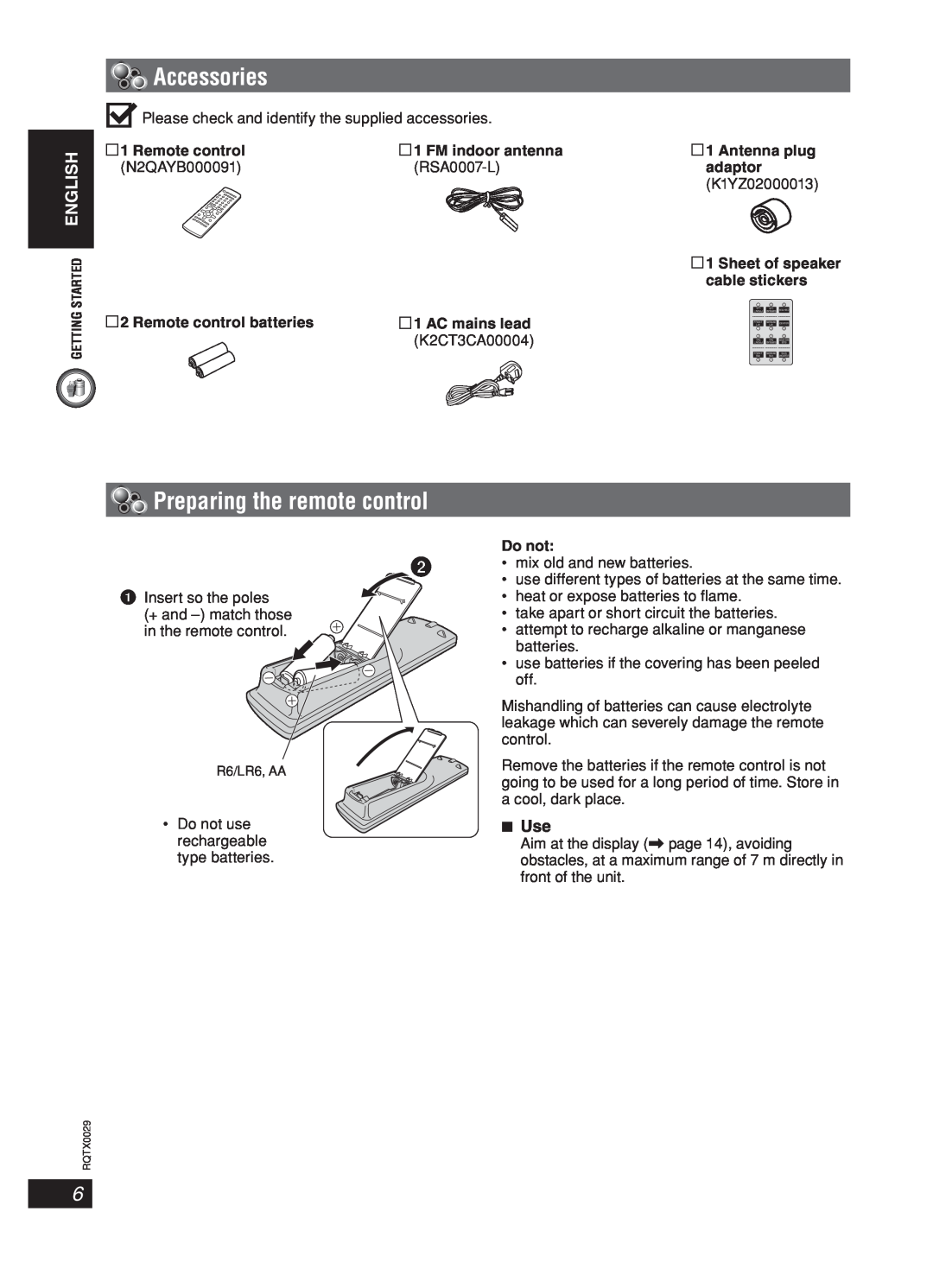 Panasonic sc-pt150 manual Accessories, Preparing the remote control, 7Use 