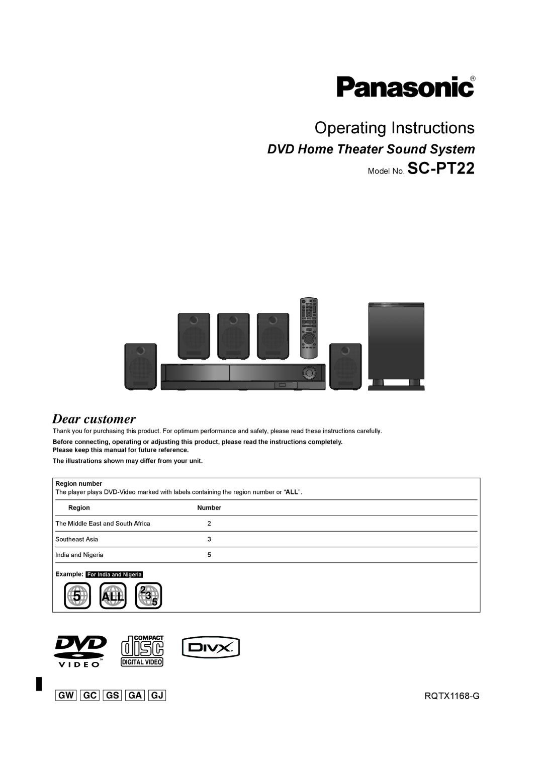 Panasonic SC-PT22 manual Operating Instructions, Region 