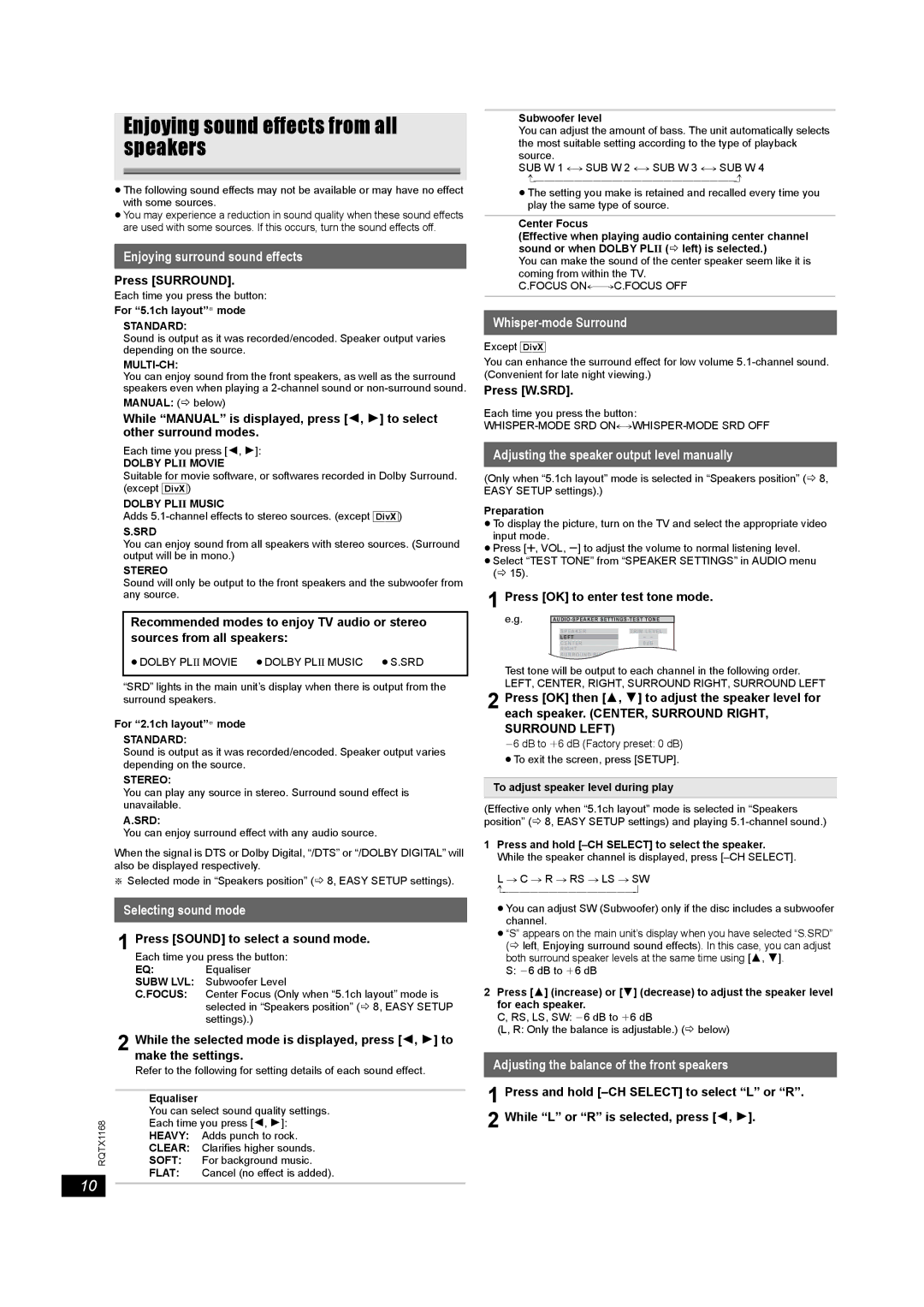 Panasonic SC-PT22 manual Enjoying surround sound effects, Selecting sound mode, Whisper-mode Surround 