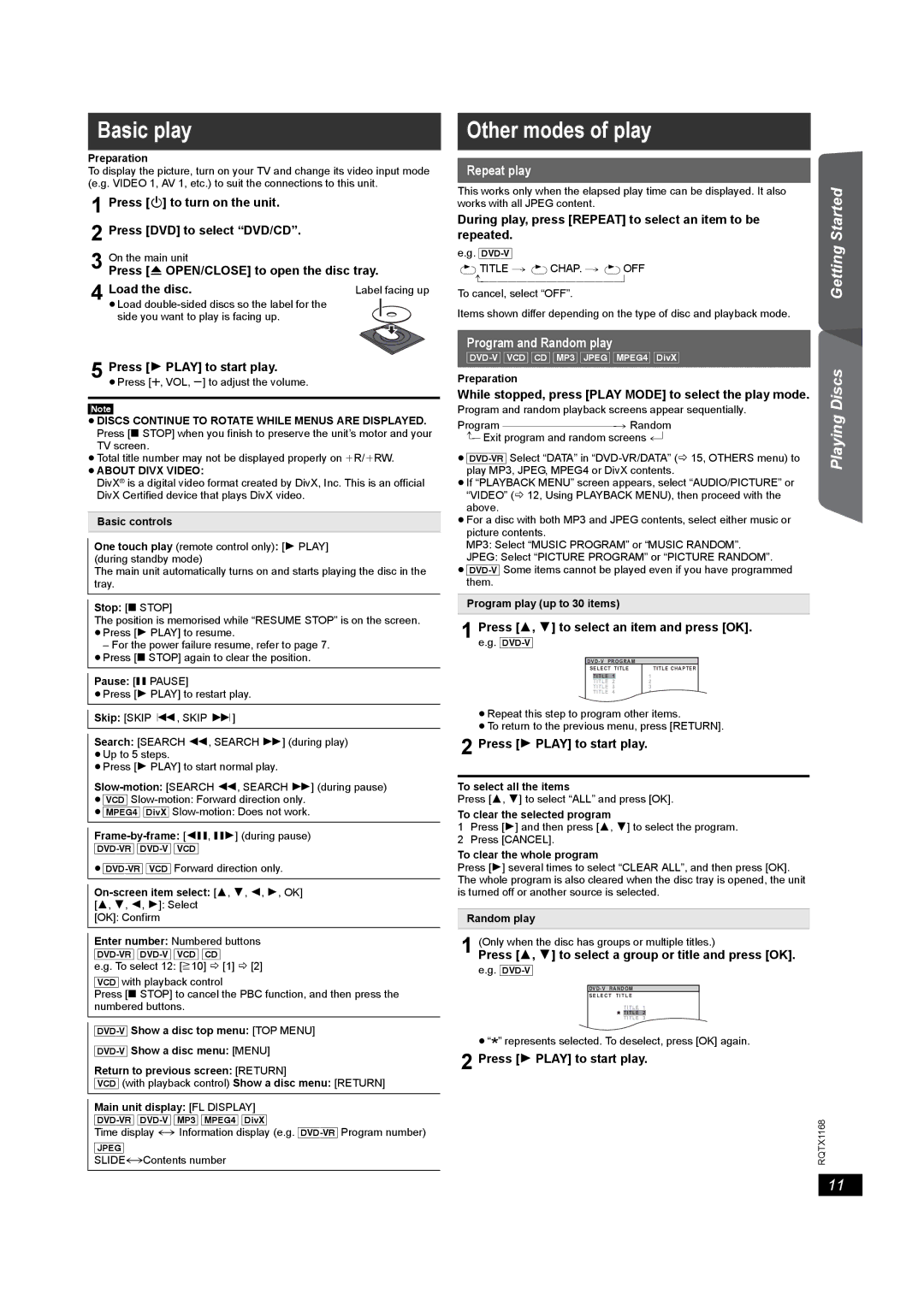 Panasonic SC-PT22 manual Basic play, Other modes of play, Repeat play, Program and Random play 