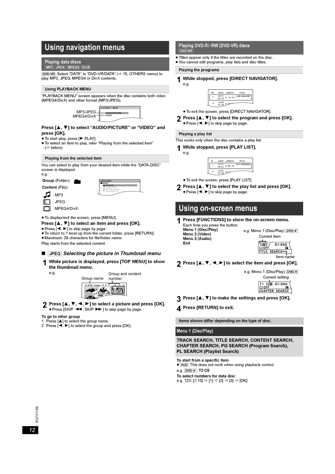 Panasonic SC-PT22 manual Using navigation menus, Using on-screen menus, Playing data discs, Playing DVD-R/-RW DVD-VR discs 