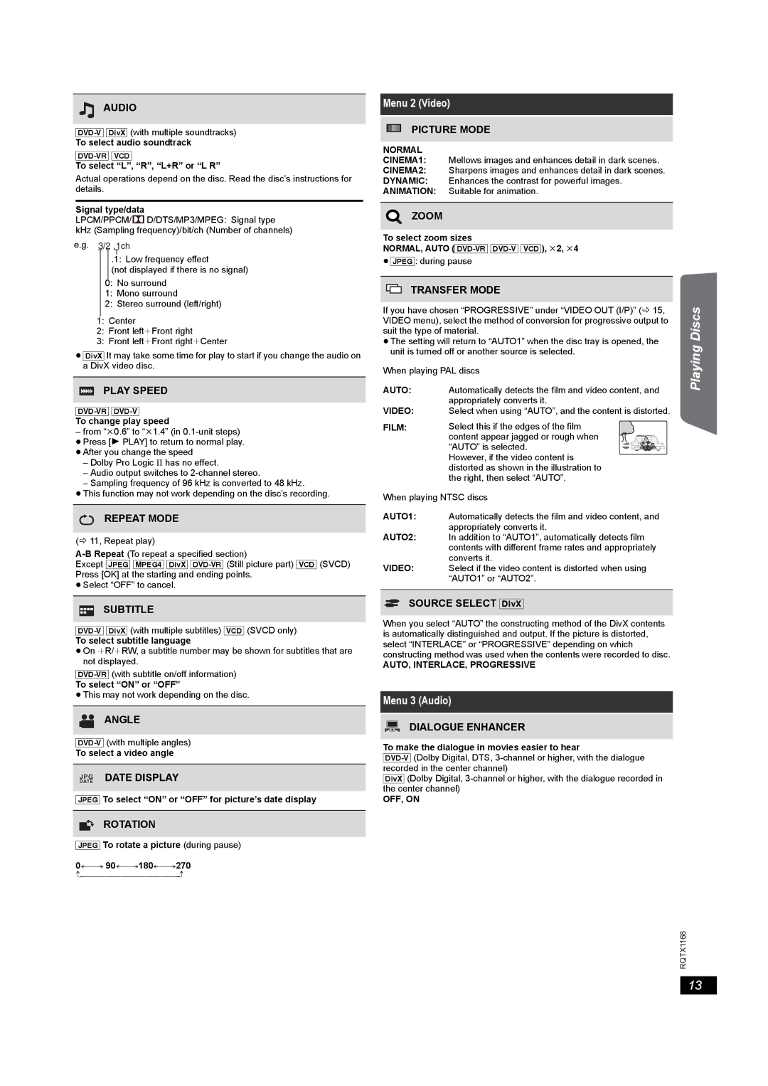 Panasonic SC-PT22 manual Menu 2 Video, Menu 3 Audio 