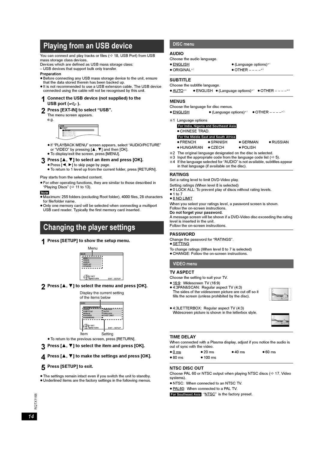 Panasonic SC-PT22 manual Playing from an USB device, Changing the player settings, Disc menu, Video menu 