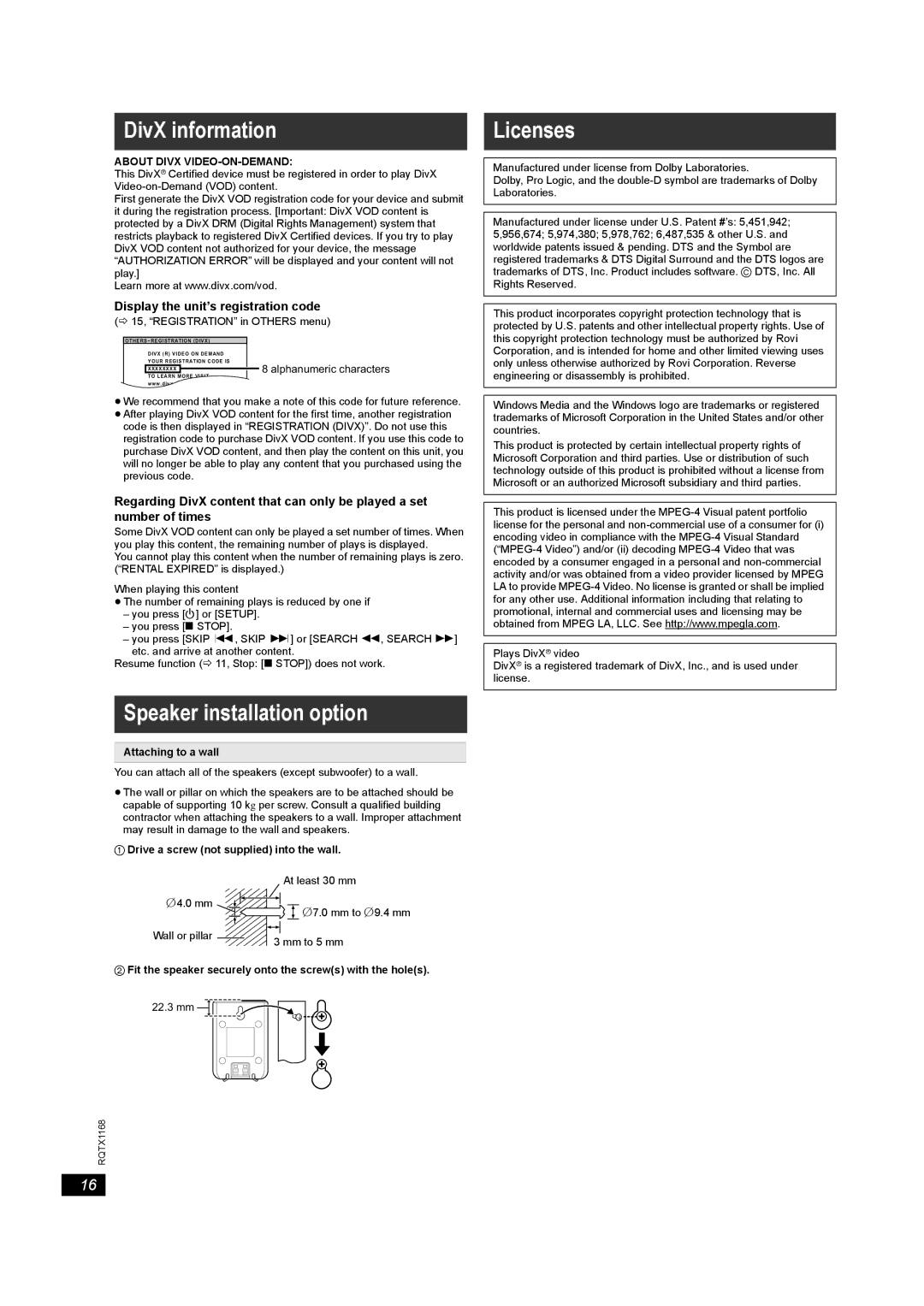 Panasonic SC-PT22 manual DivX information, Speaker installation option, Licenses, Display the unit’s registration code 