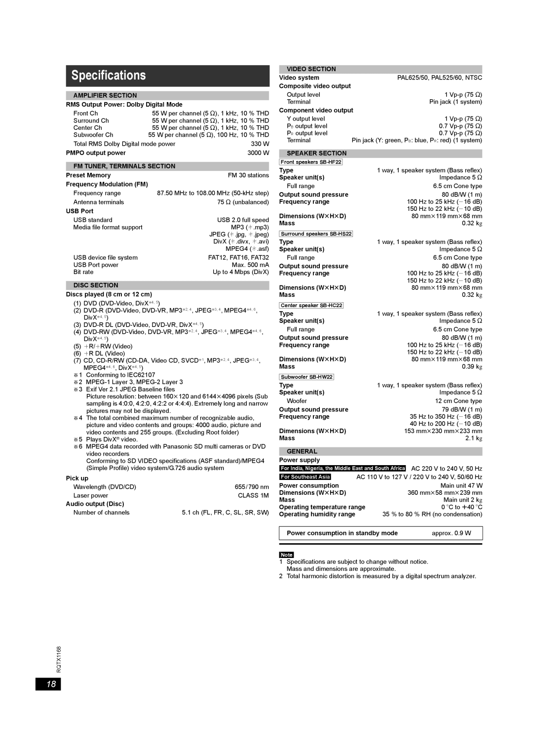 Panasonic SC-PT22 manual Specifications 