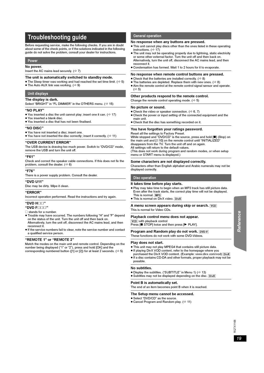 Panasonic SC-PT22 manual Troubleshooting guide, Power, Unit displays, General operation, Disc operation 